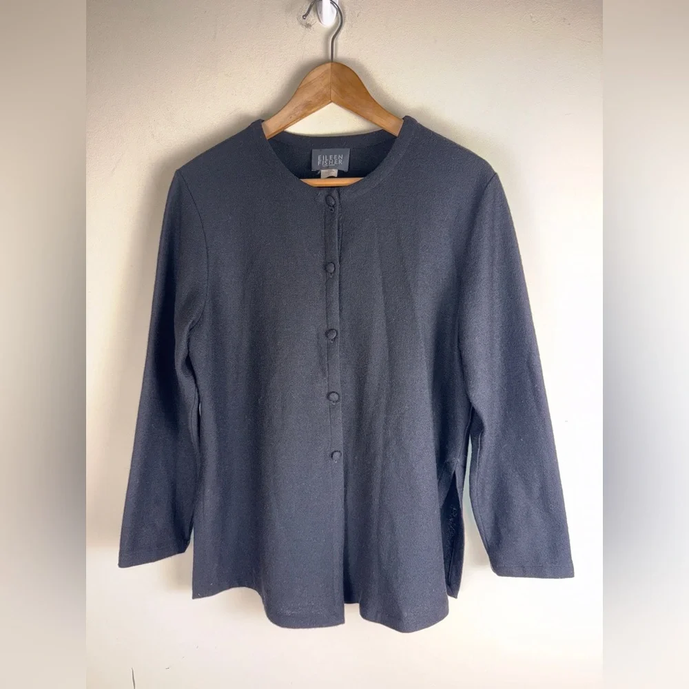 Eileen Fisher Women's Black 100% Wool Button Up Cardigan‎ Side Slit Small Career